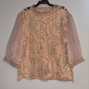 Women’s Lace Blouse pink sheer long sleeve floral paisley formal party sexy cute